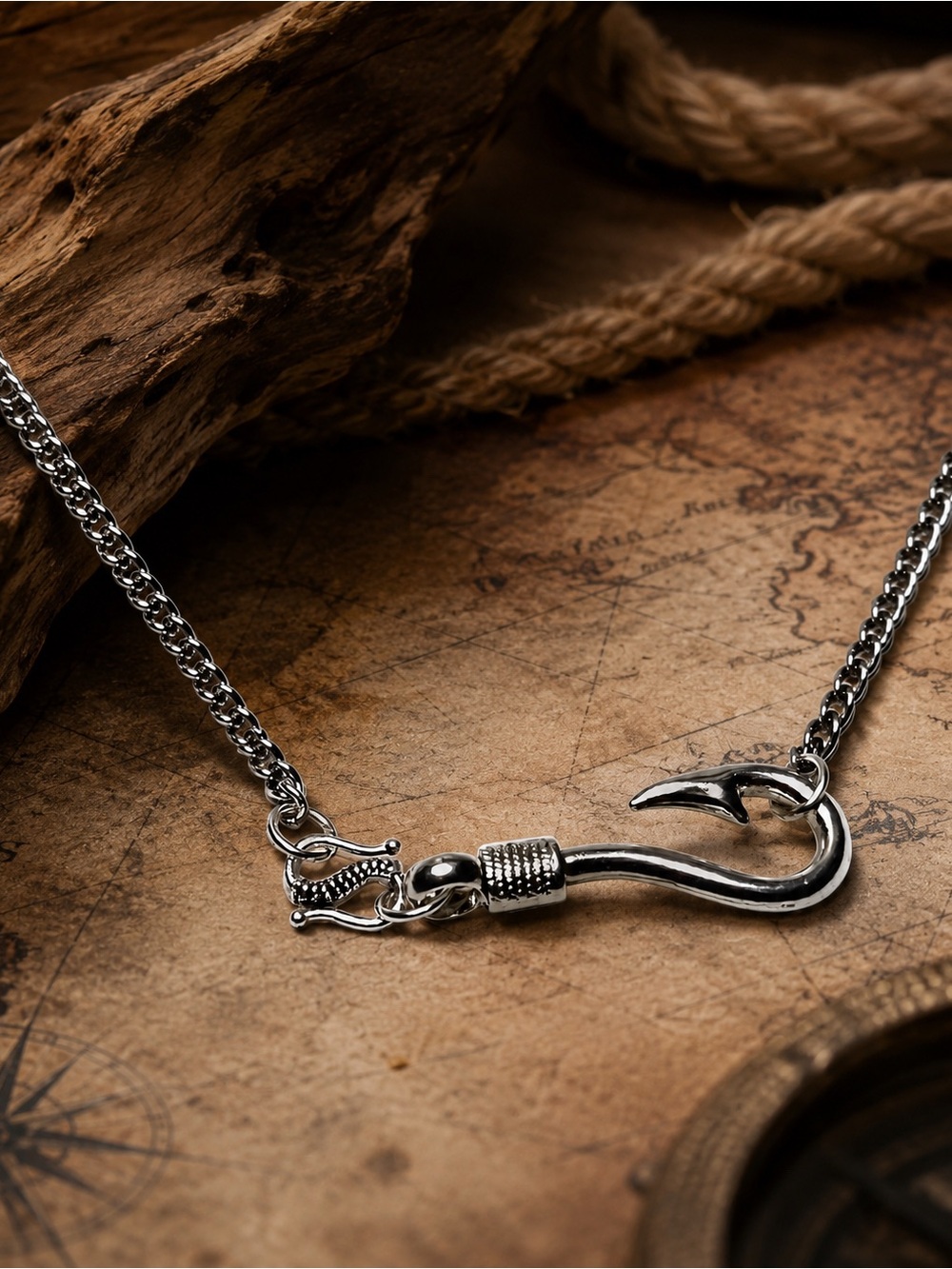 Silver Fish Hook Necklace, Men’s Statement Pendant, 23" Heavy Chain MTO